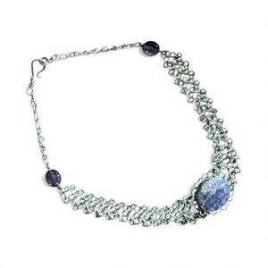 Artisan Silver Toned Metal Chain and Purple Beads Choker Necklace